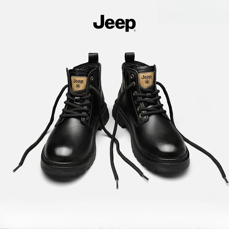 Jeep吉普马丁靴男鞋2025春季新款高帮皮鞋男士黑色百搭中帮工装靴