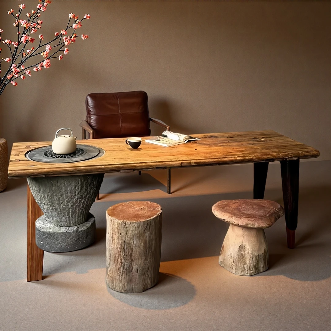 原木大板茶桌茶台风化老木民宿餐桌设计师石头石木茶室泡茶桌