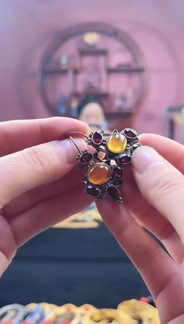 非遗 花丝镶嵌耳饰 蜜色 深红