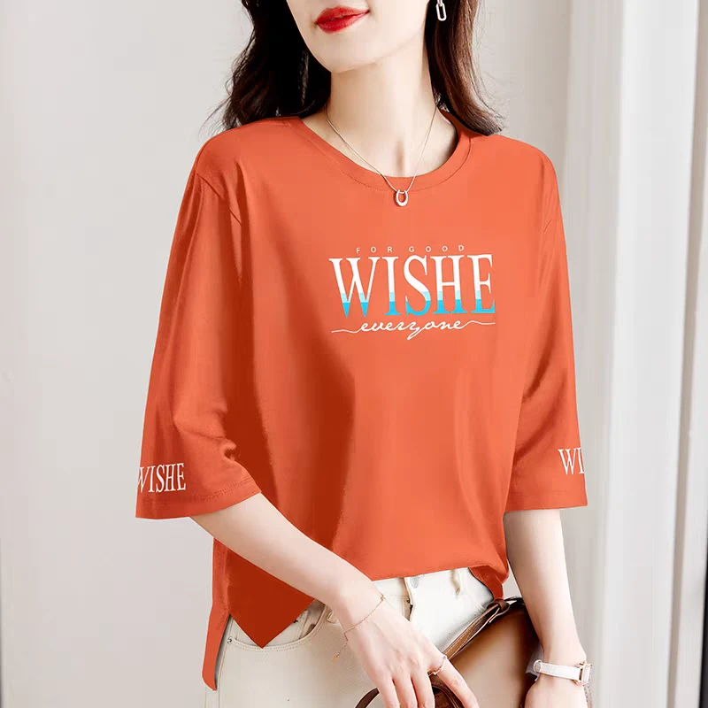 90支精梳棉圆领中袖t恤女士夏季2025新款宽松七分袖时尚显瘦上衣