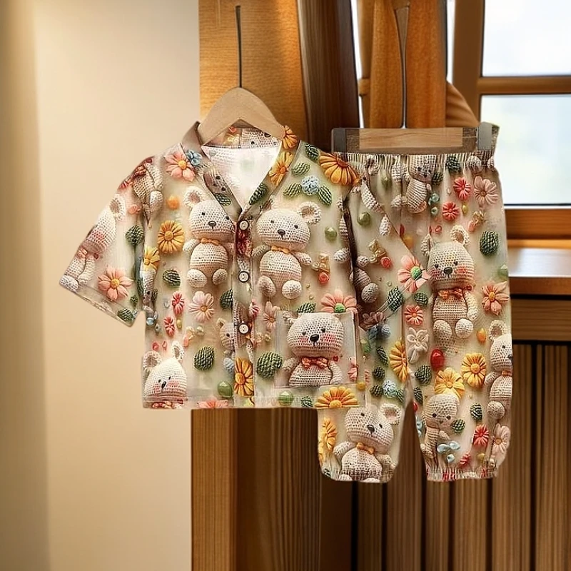 (5D立体）儿童家居服睡衣套装夏季薄款空调服男女童棉绸两件套