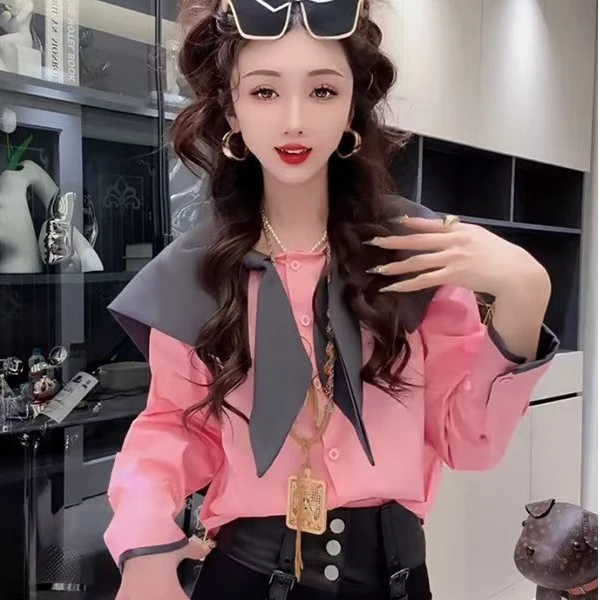 2025春季新款撞色减龄海军领拼接宽松显瘦爆款短款长袖衬衫女8322