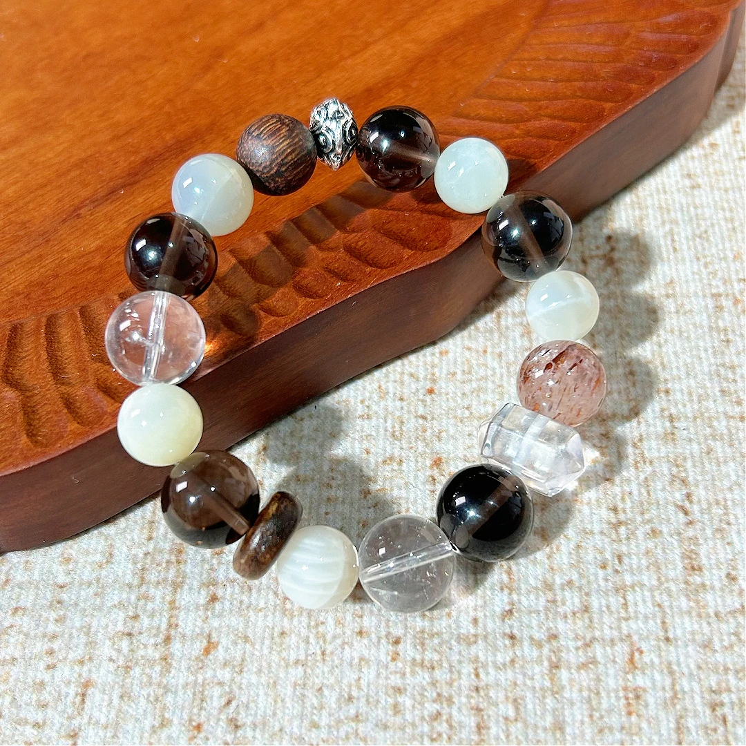 A-2105 白月光白水晶黑金超体透茶水晶 百搭水晶手串