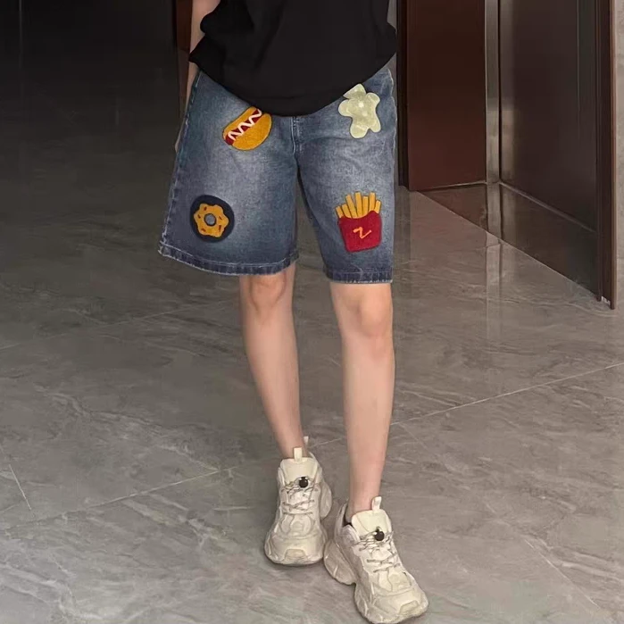 美式复古汉堡薯条毛巾绣牛仔短裤男女潮牌夏季宽松阔腿直筒五分裤
