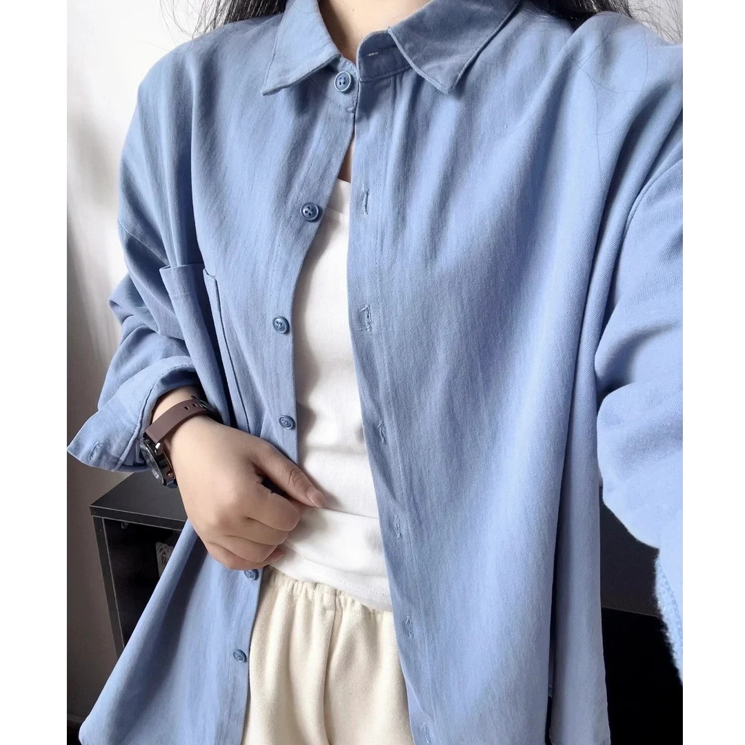 韩版蓝色衬衣宽松休闲外穿叠穿上衣通勤设计感小众长袖内搭衬衣