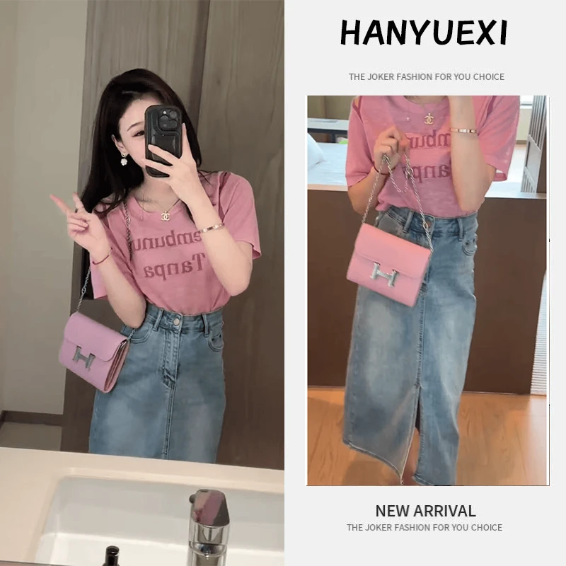 夏季一整套女装2025年新款韩版宽松时尚短袖上衣牛仔半身裙两件套