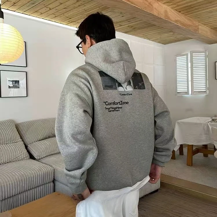 300斤大码美式潮牌字母印花宽松小众加绒ins男士春秋连帽卫衣外套