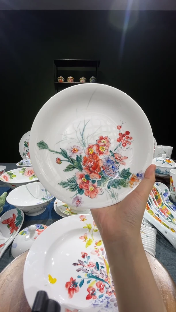 盘景德镇高温釉下彩8英寸窝盘莫奈大花