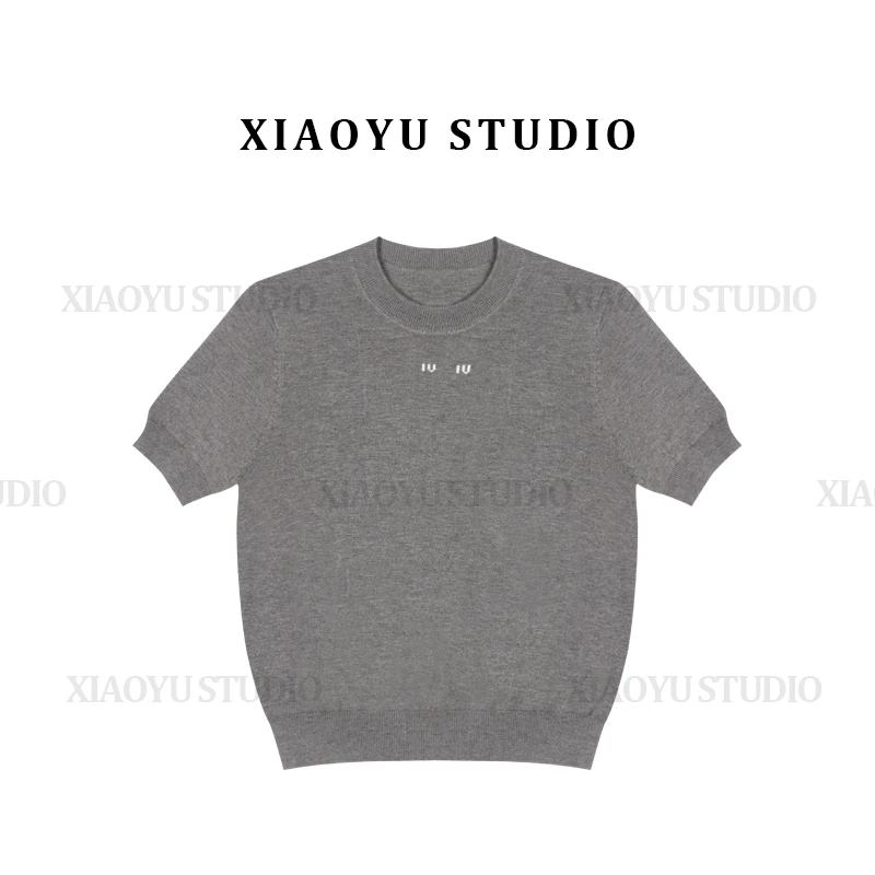 早春新款简约百搭半高领五分袖女士针织半袖上衣