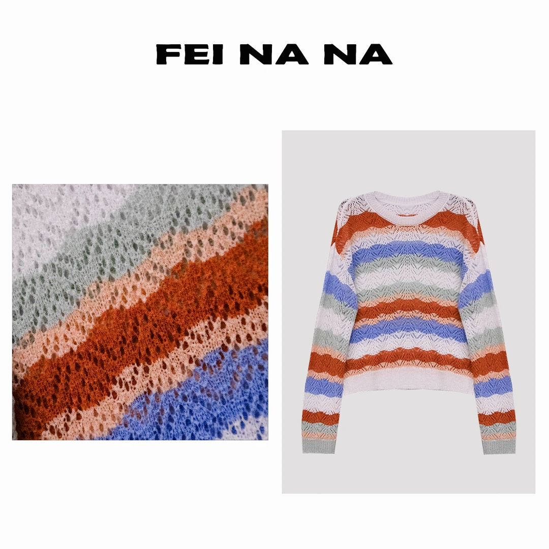 【feinana镂空条纹】2025新款时尚圆领百搭镂空条纹长袖上衣022001