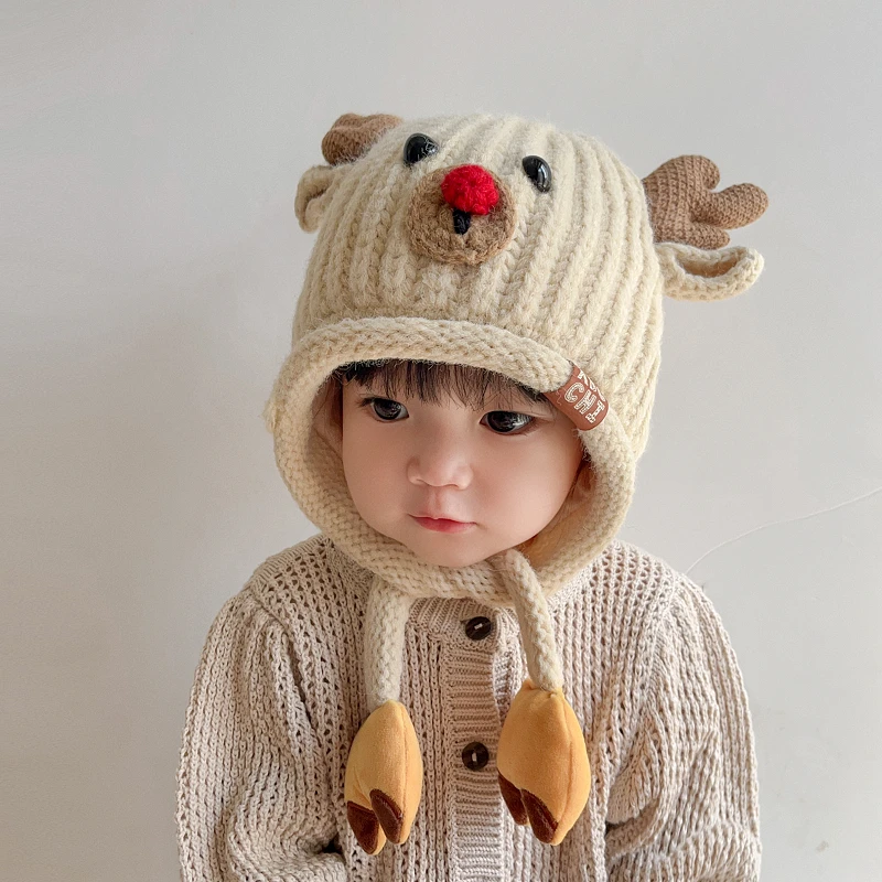 儿童帽子冬季可爱小鹿卡通护耳帽女童针织秋冬加厚保暖男童毛线帽