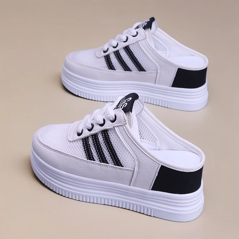 跟高7厘米半拖鞋女外穿小白鞋时尚百搭厚底夏季网面休闲女鞋半托