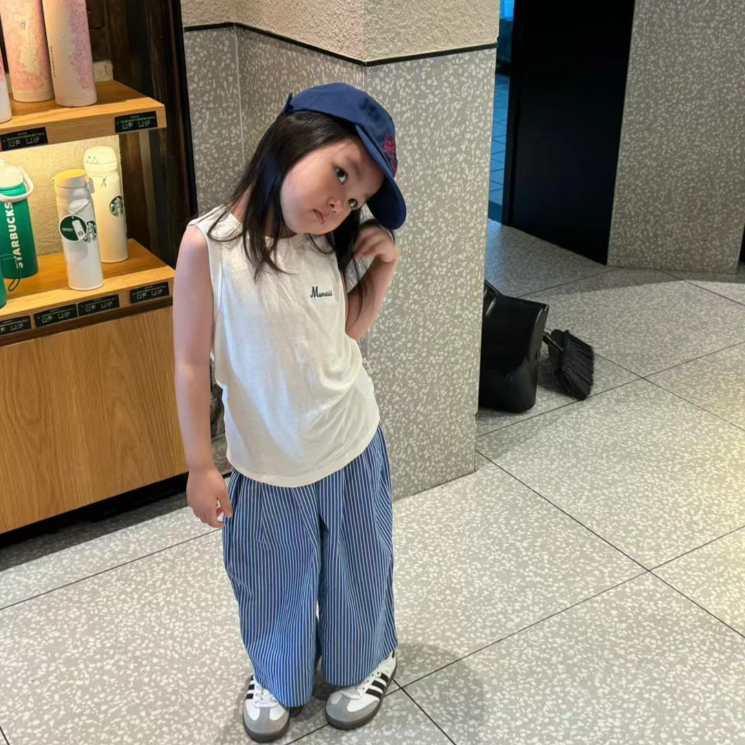 壹妈韩版童装女童夏季套装儿童洋气休闲无袖背心上衣蓝色条纹裤子