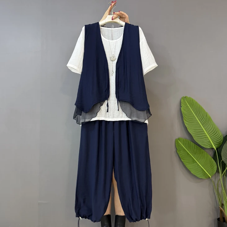 新款大码女装时尚休闲宽松显瘦马甲三件套套装