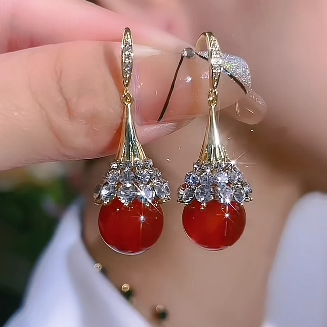 铜合金仿珍珠耳饰 高级感气质时尚微镶锆石开扇红色珠珠耳环1253