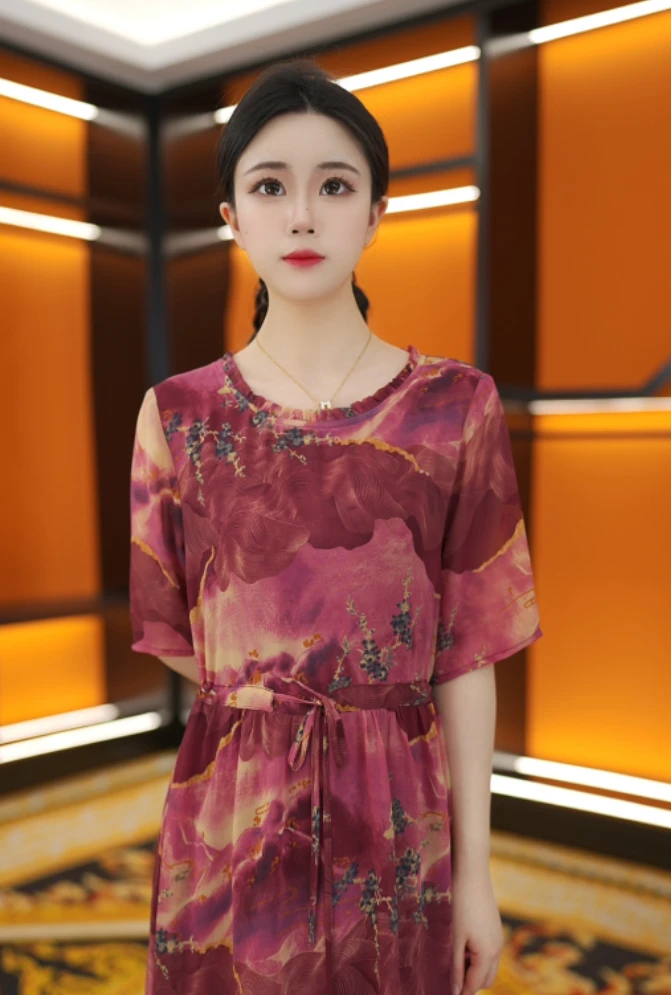 2025杭州正品-新款修身显瘦系带时尚名媛碎花短袖连衣裙女