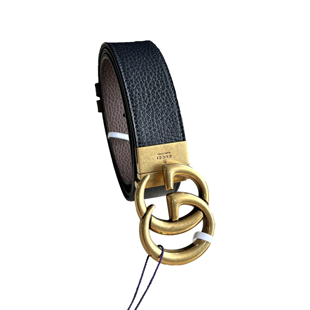 95新 GUCCI/古驰 复古金旋转扣黑棕双面荔枝纹腰带3.7CM宽 经典