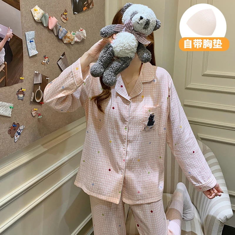 长袖睡衣女春夏棉质网红长袖长裤两件套带胸垫家居服秋季
