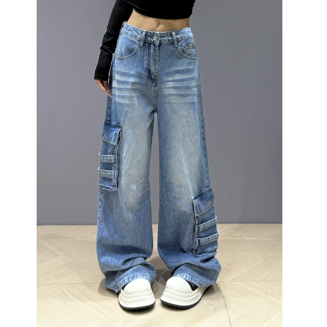 美式高街设计感工装阔腿牛仔裤女2025新款宽松显瘦阔腿裤潮2226#