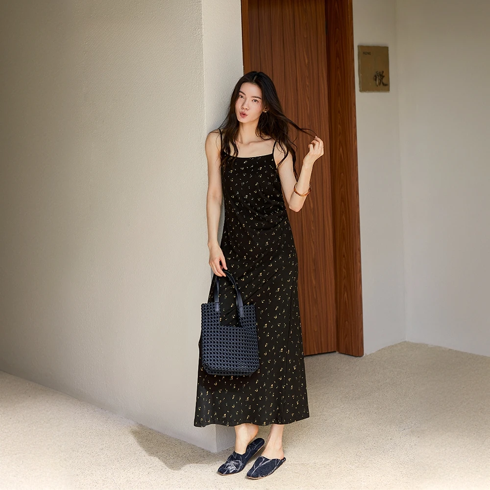 巴韦那奇带胸垫睡裙女款睡衣夏季夏天纯棉吊带背心黑色碎花裙子