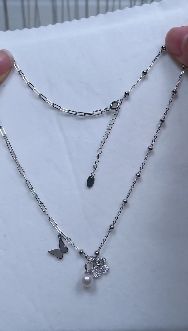 【闪购商品】海水珍珠颈饰银S925镶嵌海水珍珠蝴蝶ab套链