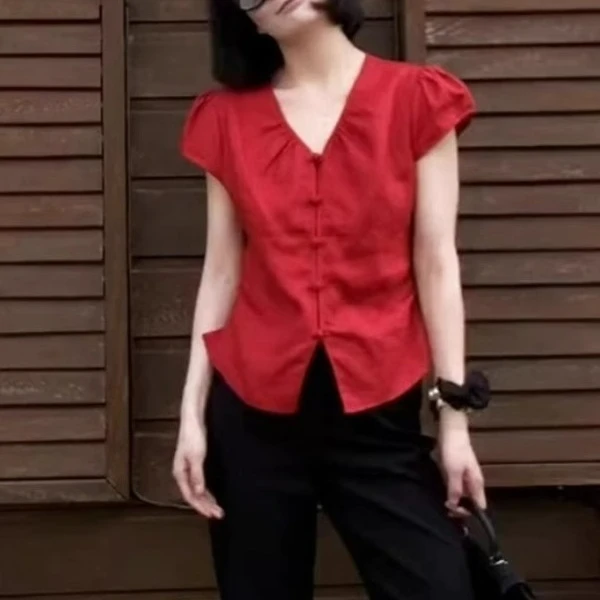 法式独特绝美小上衣高级感超好看气质掐腰新中式红色短袖衬衫女夏