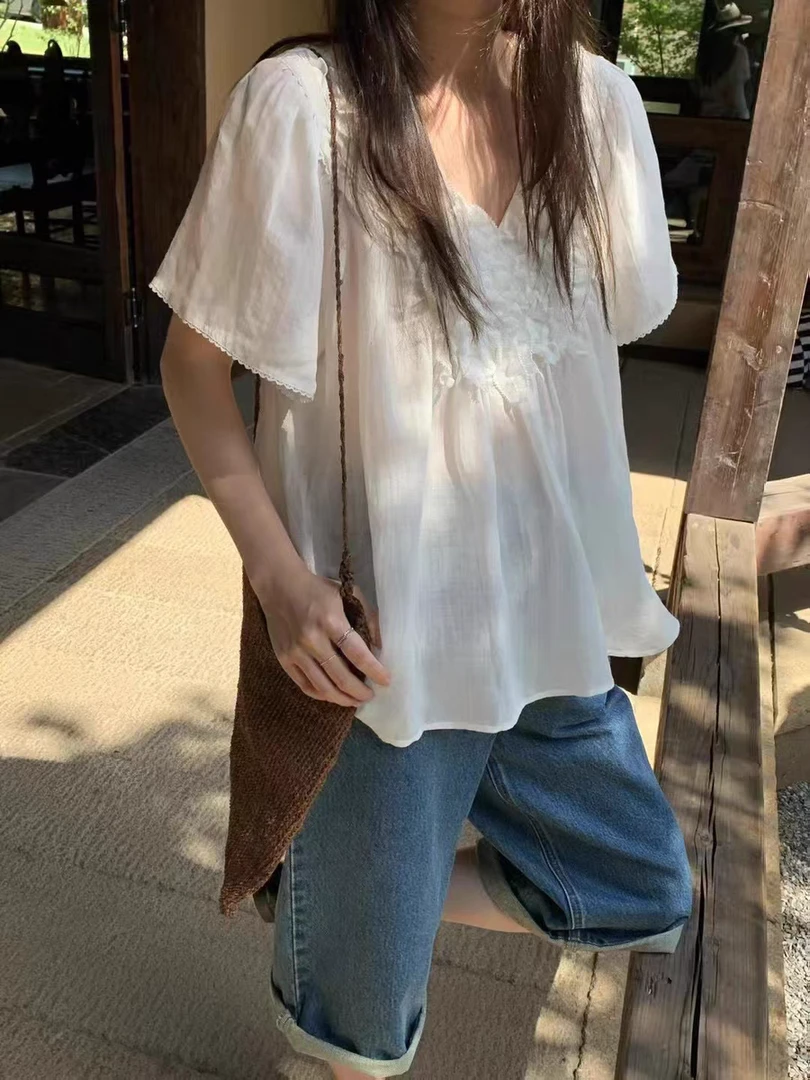 【优雅捏褶】夏日轻氧呼吸感木耳边圆领短袖轻薄透视衬衫女宽松上衣