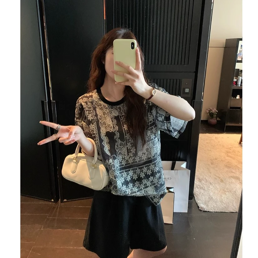 【现货秒发-NAZ微胖高端定制】复古印花极简高级感显瘦上衣