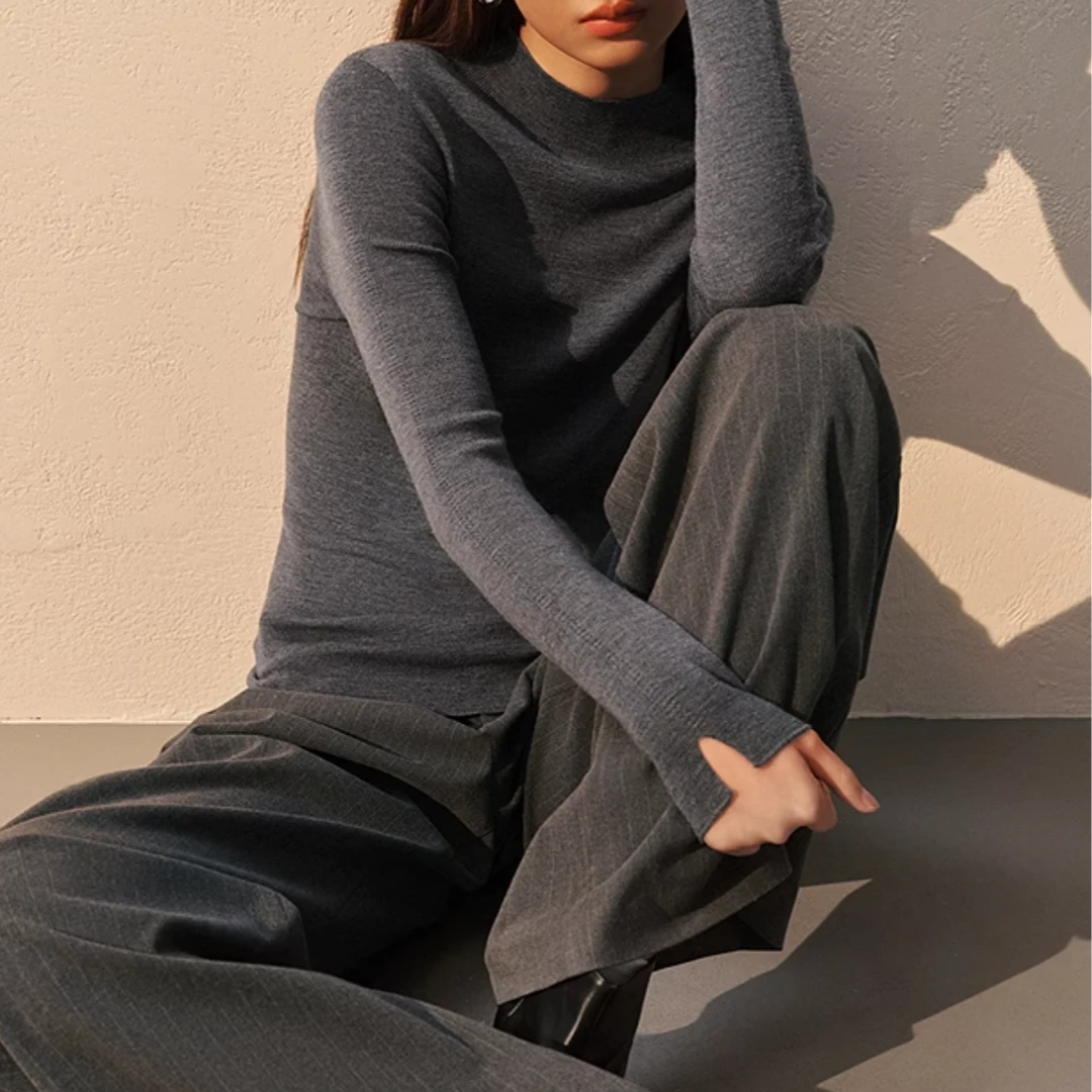 芹禾2024秋冬季新款针织打底衫长袖时尚修身半高领纯色保暖圆领