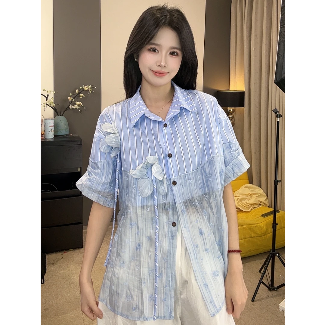 【蔡小姐】气质条纹设计感衬衫女夏韩系小众休闲宽松显瘦短袖衬衣