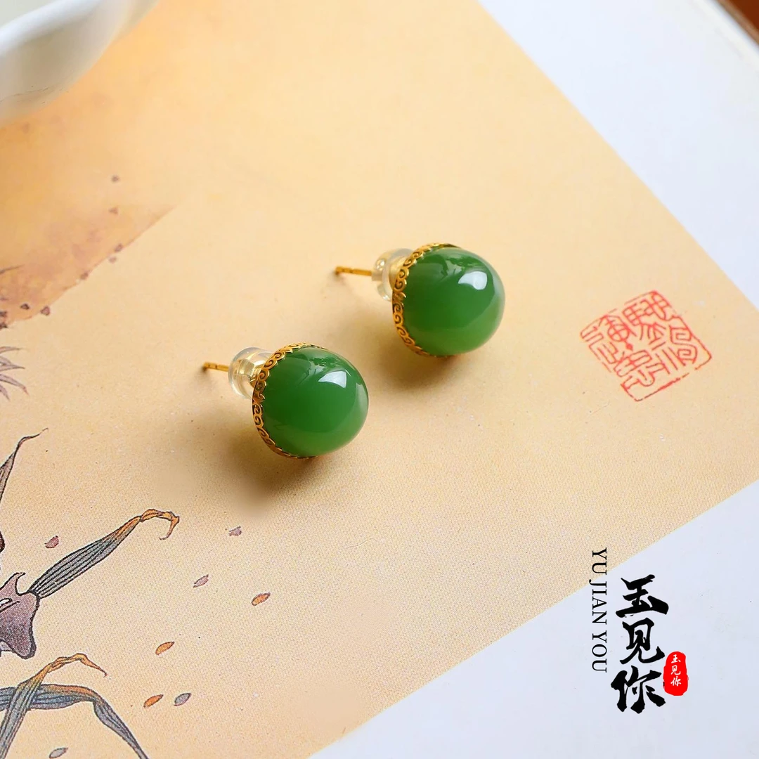 琼华-皎 和田玉碧玉*馒头耳饰*18K金镶嵌