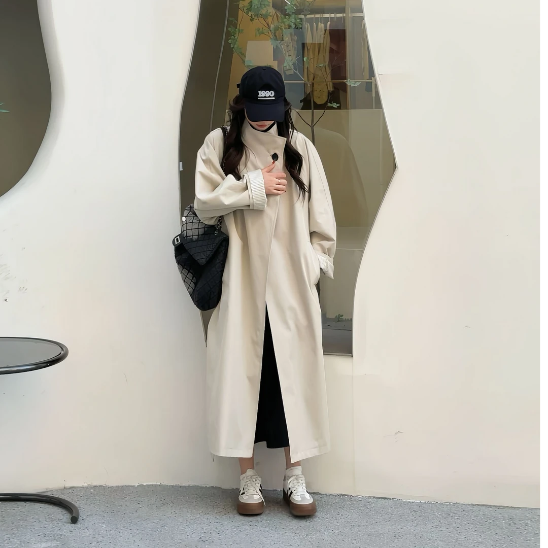 【慕斯白】立领挺括一粒扣长短款通勤宽松显瘦立领风衣外套女春季