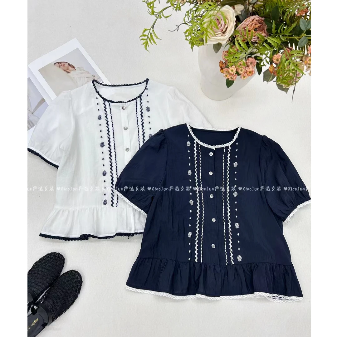 夏季新品民族文艺风刺绣花宽松荷叶边下摆圆领小衫短袖衬衣