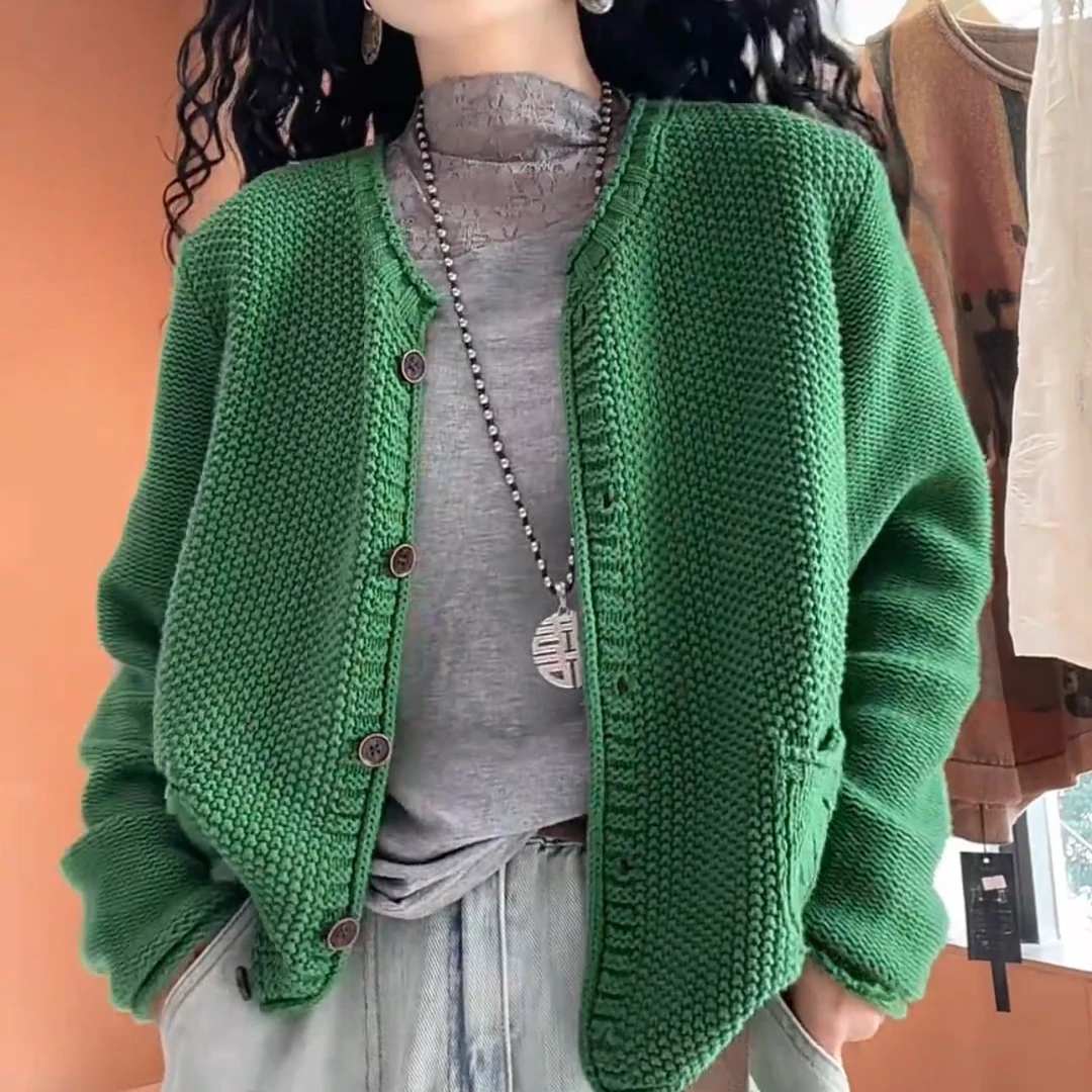 2025新款春季小口袋针织衫女宽松版圆领单排扣百搭休闲外套开衫