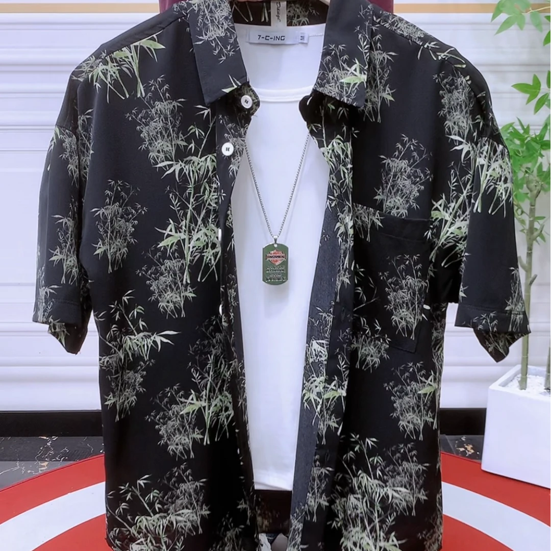 男士洋气百搭舒适透气薄款青春流行印花宽松短袖衬衣338