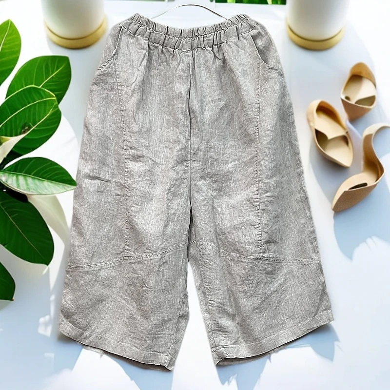 亚麻宽松阔腿直筒老爹裤大版时尚休闲百搭松紧腰2025春夏季新款女