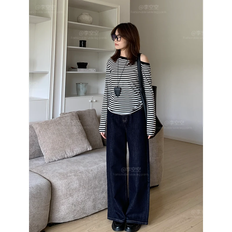李空空【半岛散步】深蓝直筒牛仔裤女春秋显瘦垂感直筒裤长裤子