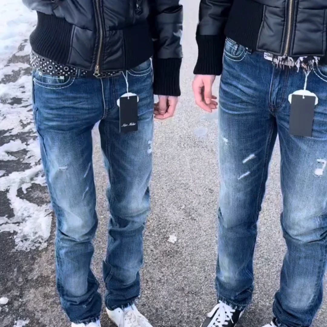 [保持堆积]AM幽蓝鬼爪skinny修身水洗重磅猫须牛仔裤