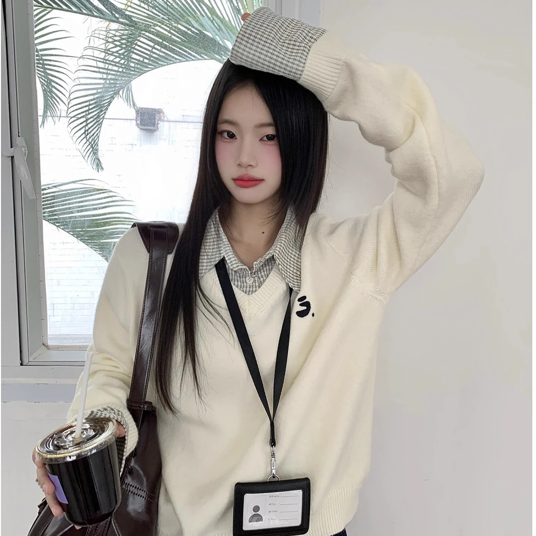 职场女高~学院风格纹假两件毛织女圆领刺绣针织慵懒感外套上衣