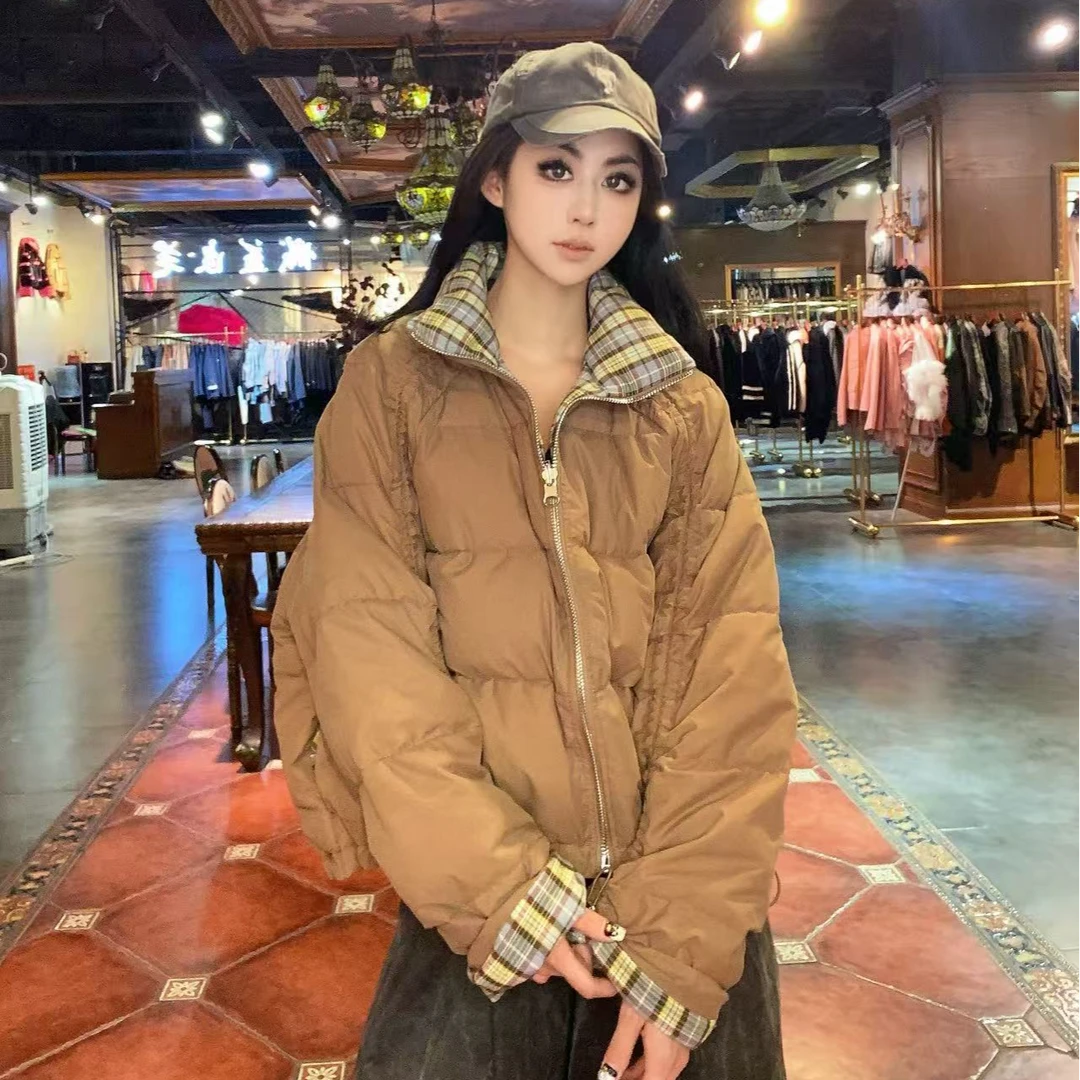 【CY】83618  冬季复古格子短款白鹅绒双面穿羽绒服外套