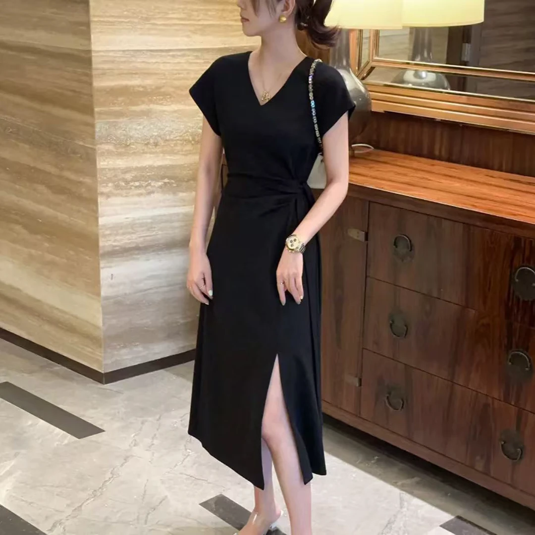 2025新款小个子法式开叉连衣裙女夏季气质收腰显瘦高级感修身长裙