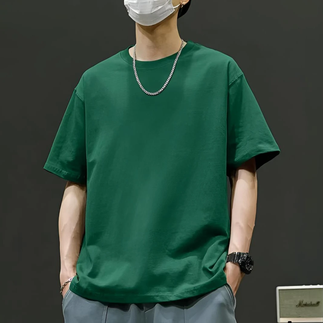 【落肩款】简约纯色夏季重磅纯棉男士短袖宽松上衣打底衫短袖T恤