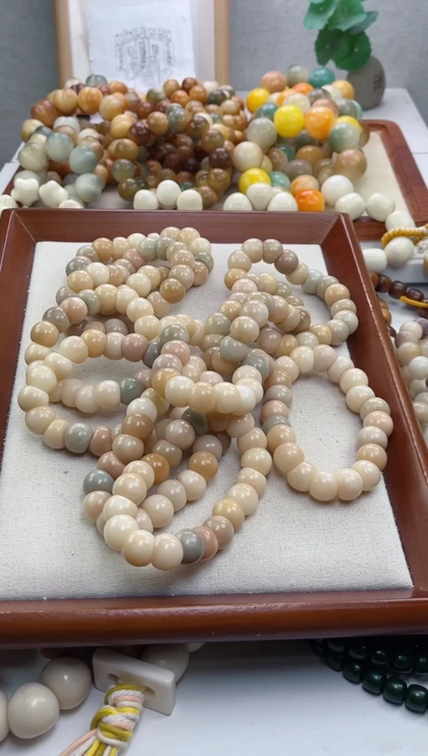 菩提根/象牙果手串z59奶油粉玉化蒜瓣大肠14.5手串