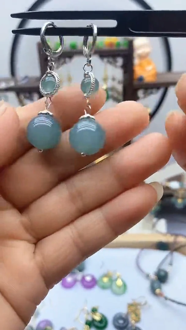 石英质玉（非洲翠）银S925镶嵌耳饰62