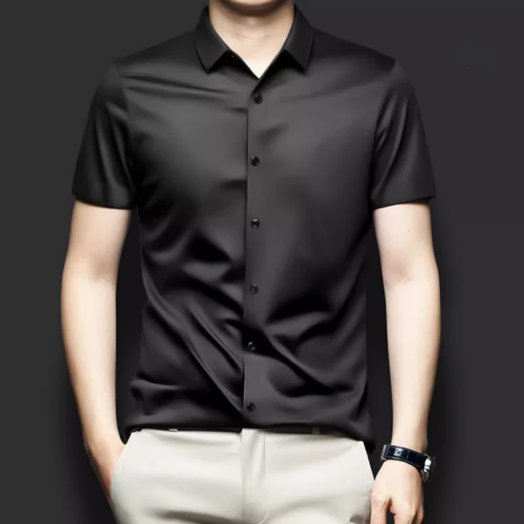 92.4%桑蚕丝短袖衬衫男夏季轻奢中老年百搭薄款纯色商务高档衬衣
