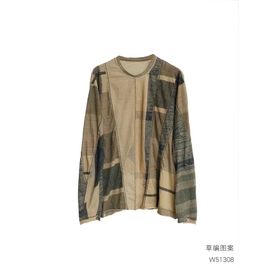万物身客 几见W51308 春夏百分棉拼接长袖t透气撞色复古风上衣女