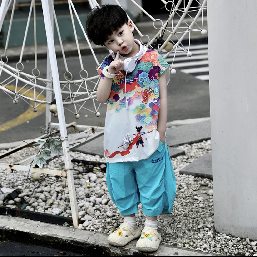 新款夏季儿童时尚百搭冰感无袖短裤休闲宽松套装