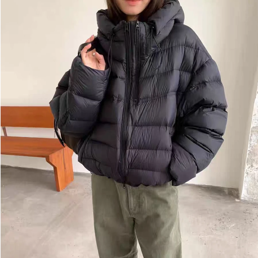 双拉链鸭绒短款连帽羽绒服女保暖泡芙外套2026新款