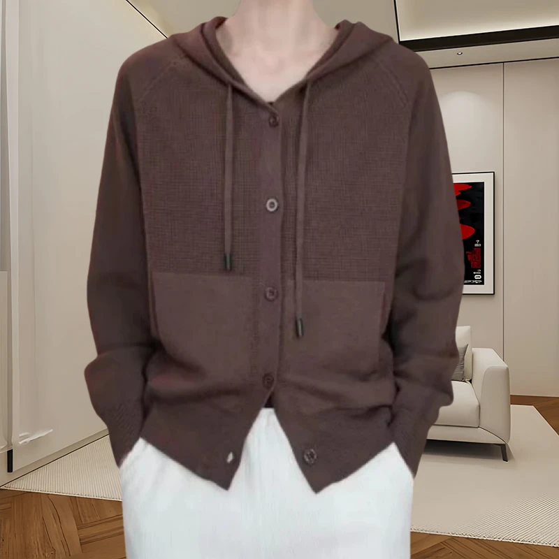 春季新款连帽纯色针织开衫宽松休闲外套女时尚百搭洋气爆款上衣女