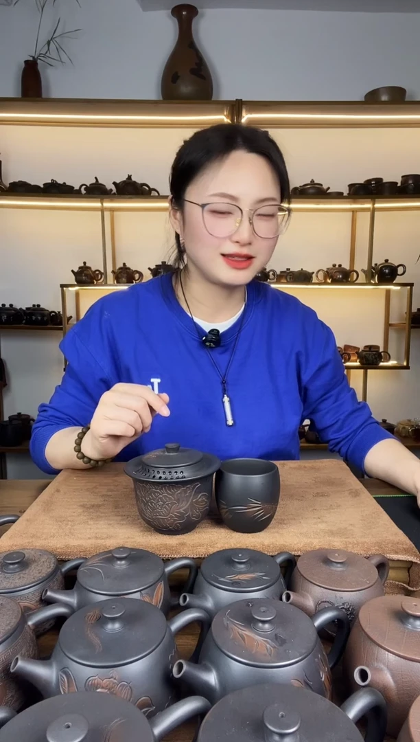 建水紫陶牡丹手抓壶300cc+竹子主人杯